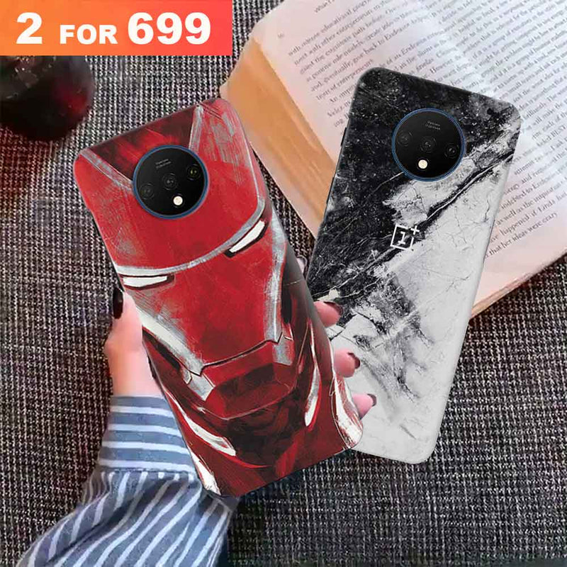 Combo Offer On Iron Man And Marble Pattern Mobile Case For Oneplus 7T ( Pack Of 2 )