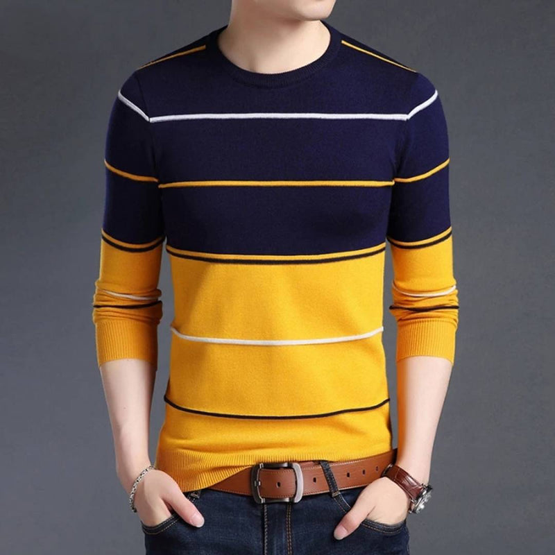 Seven Rocks Men's Yellow Striped Cotton Round Neck Tees