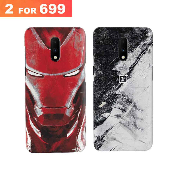 Combo Offer On Iron Man And Marble Pattern Mobile Case For Oneplus 7 ( Pack Of 2 )