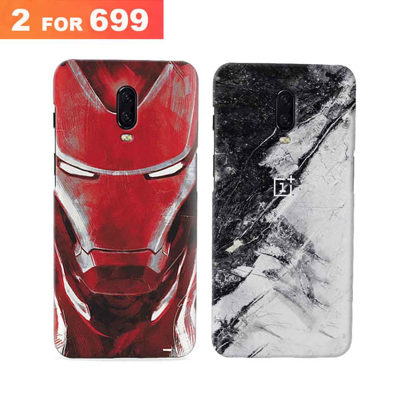 Combo Offer On Iron Man And Marble Pattern Mobile Case For Oneplus 6T ( Pack Of 2 )